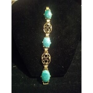 Vintage Gold Tone Turquoise Cabochon Floral Link Bracelet